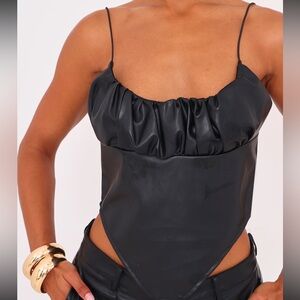Black Faux Leather Ruched Bust Curve Hem Top